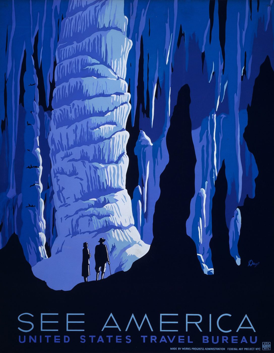 Detail of a 1937 See America poster: two travellers in a blue cave